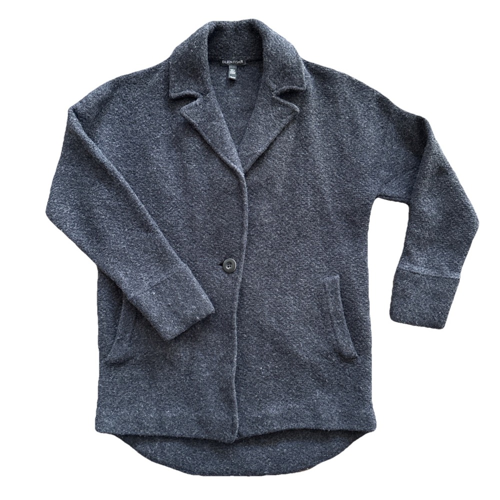 Eileen Fisher Boiled Wool Sweater Coat Women XS Gray 100% Wool Button Front